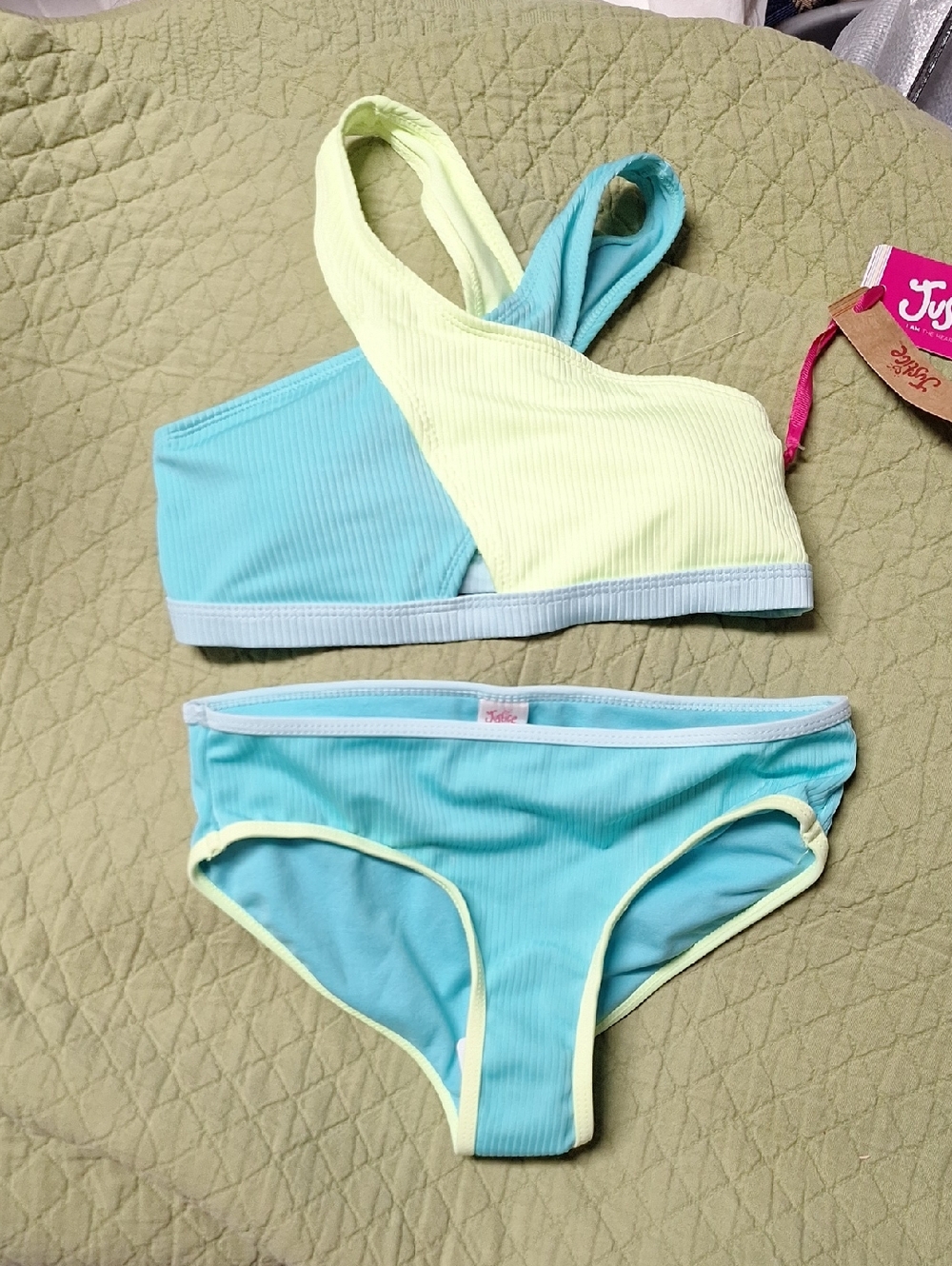 Justice Aqua and Pale Yellow Ribbed Two-Piece Bikini